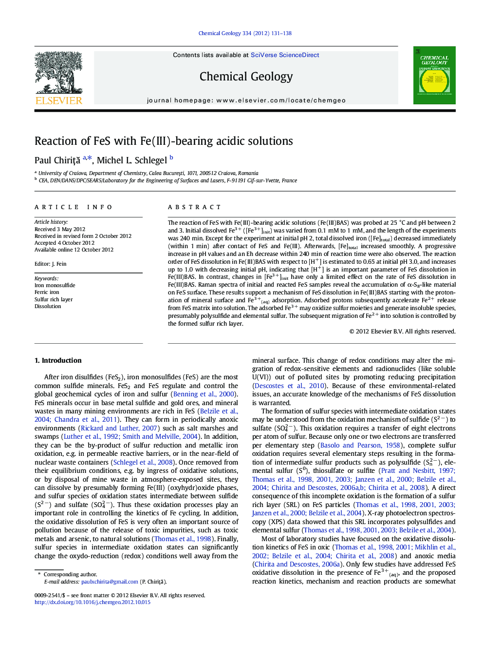 Reaction of FeS with Fe(III)-bearing acidic solutions