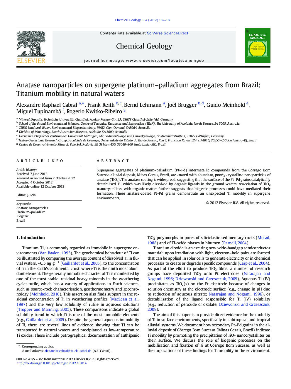 Anatase nanoparticles on supergene platinum–palladium aggregates from Brazil: Titanium mobility in natural waters