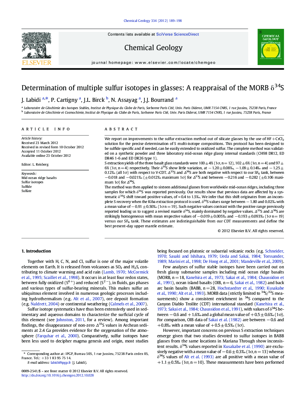 Determination of multiple sulfur isotopes in glasses: A reappraisal of the MORB Î´34S