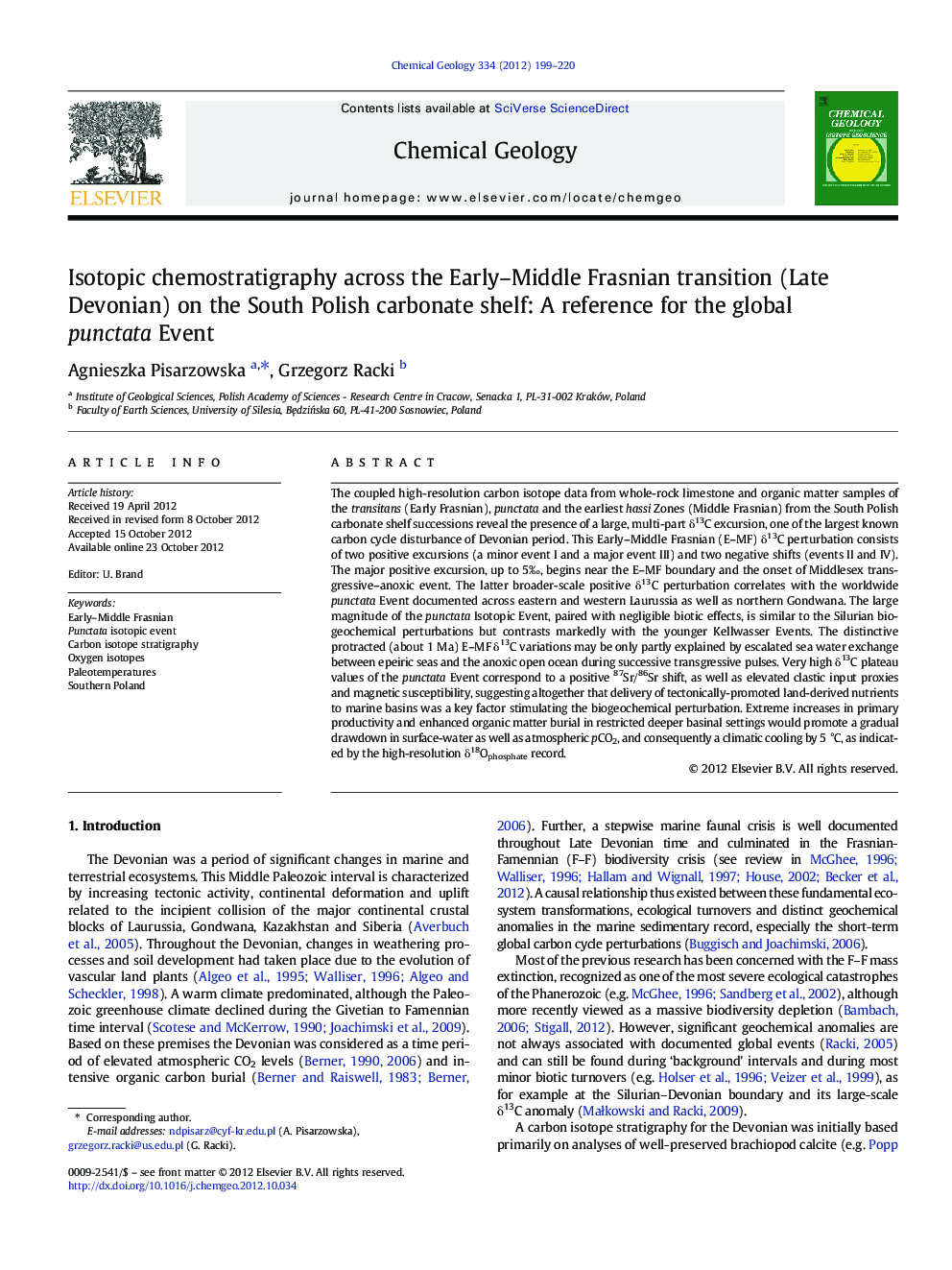 Isotopic chemostratigraphy across the Early–Middle Frasnian transition (Late Devonian) on the South Polish carbonate shelf: A reference for the global punctata Event