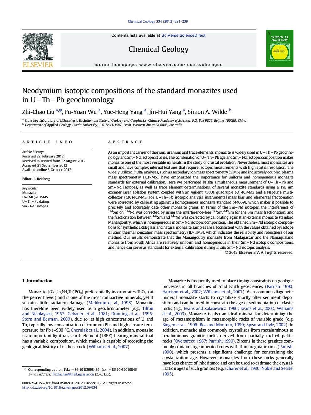 عکس صفحه اول مقاله: Neodymium isotopic compositions of the standard monazites used in UThPb geochronology Neodymium isotopic compositions of the standard monazites used in UThPb geochronology