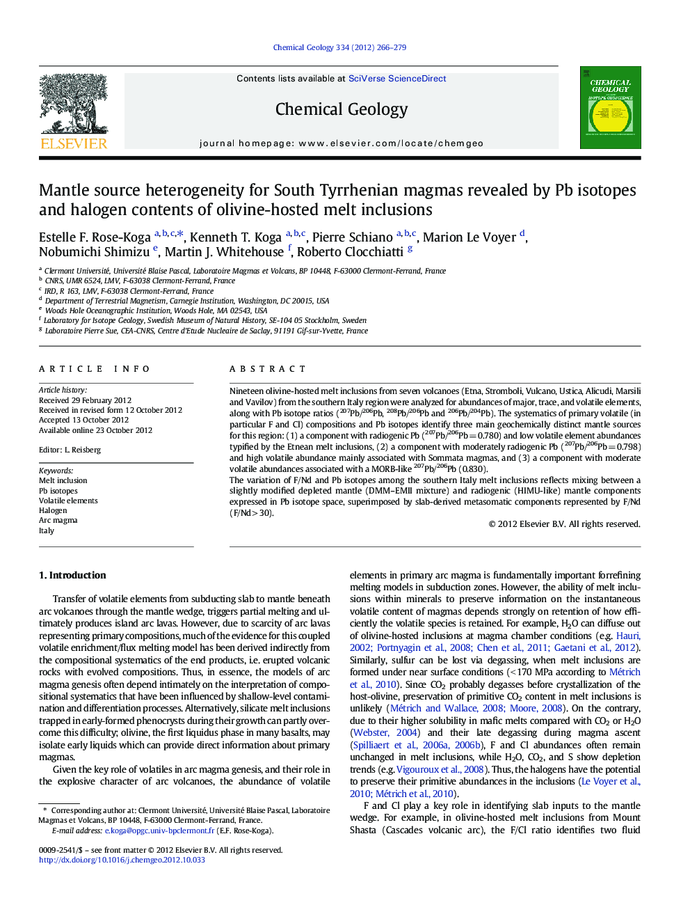 Mantle source heterogeneity for South Tyrrhenian magmas revealed by Pb isotopes and halogen contents of olivine-hosted melt inclusions