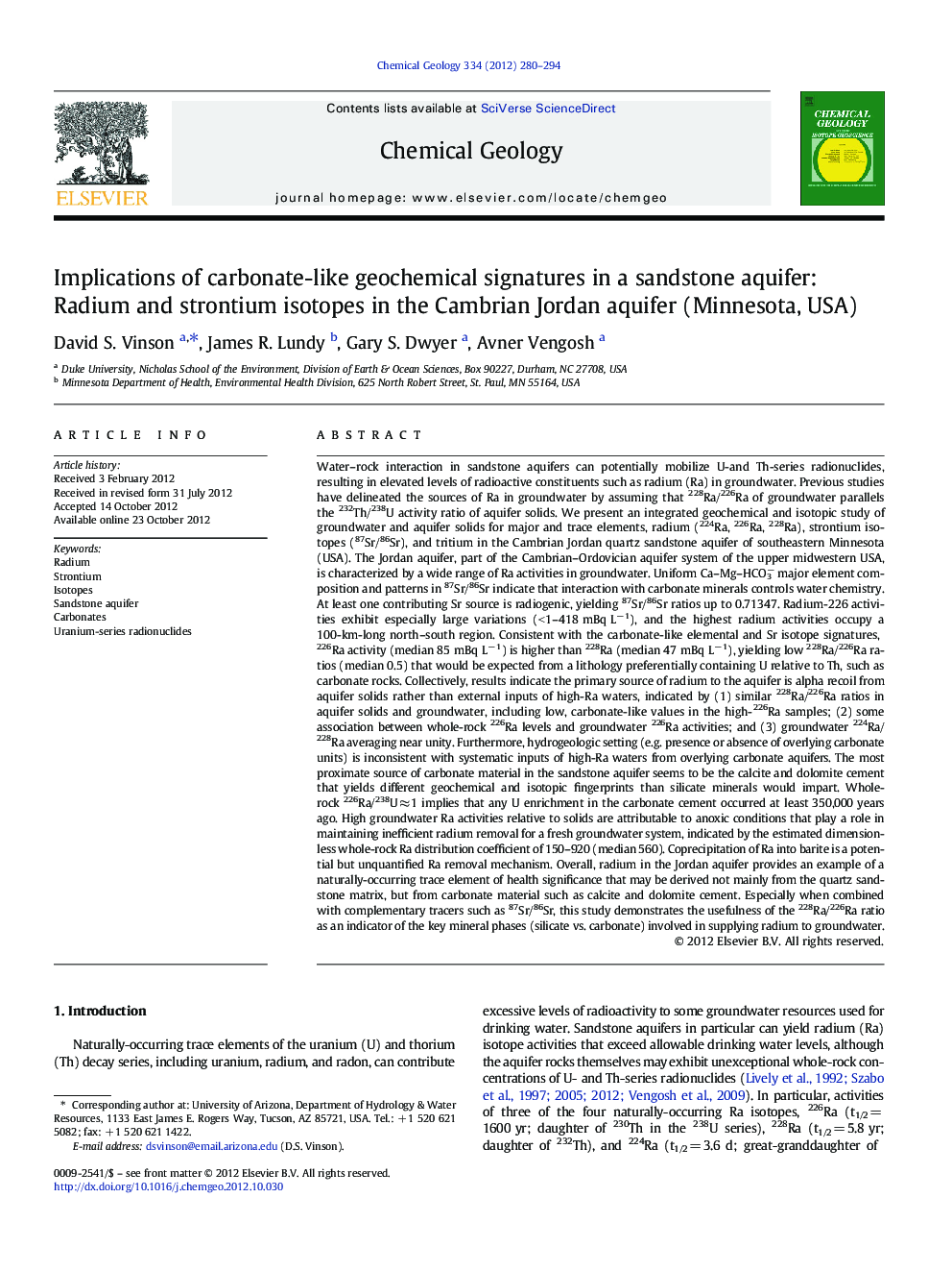 Implications of carbonate-like geochemical signatures in a sandstone aquifer: Radium and strontium isotopes in the Cambrian Jordan aquifer (Minnesota, USA)