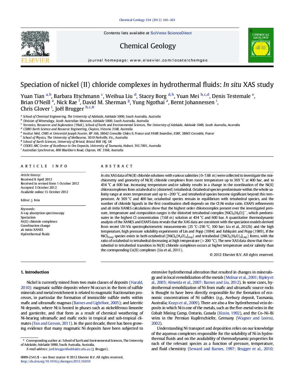Speciation of nickel (II) chloride complexes in hydrothermal fluids: In situ XAS study