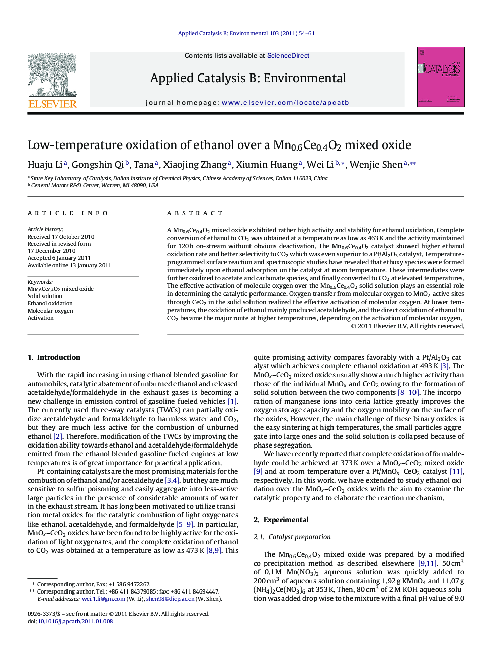 Low-temperature oxidation of ethanol over a Mn0.6Ce0.4O2 mixed oxide