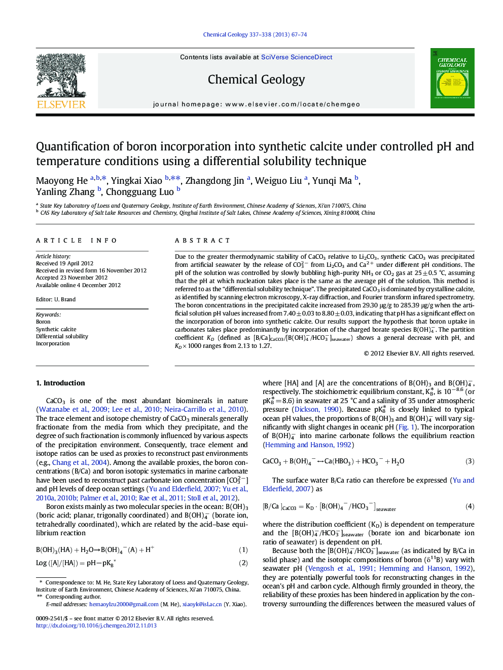 Quantification of boron incorporation into synthetic calcite under controlled pH and temperature conditions using a differential solubility technique