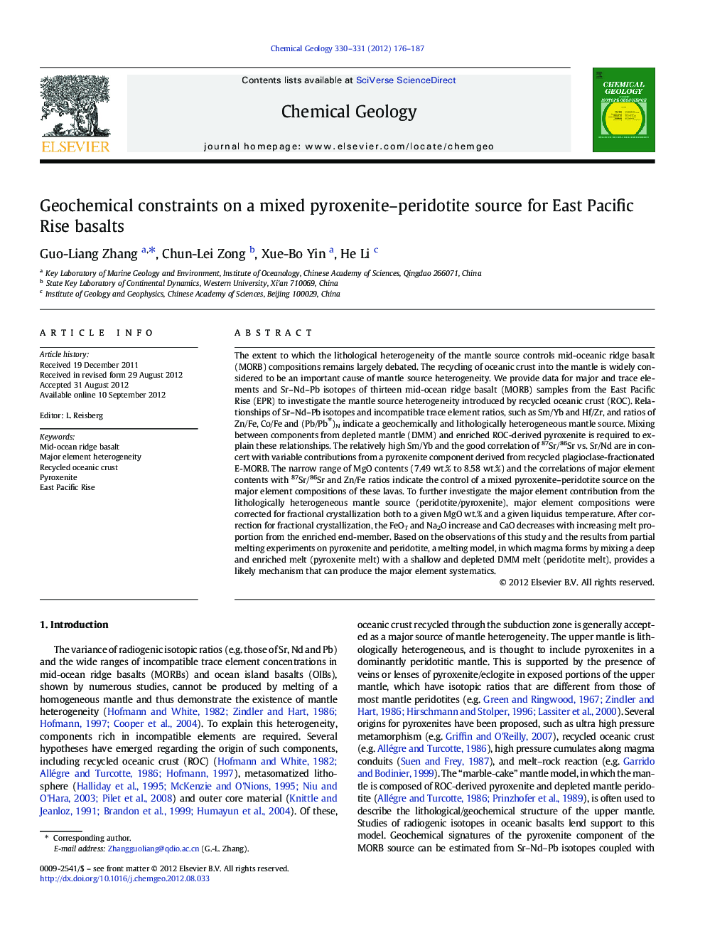 Geochemical constraints on a mixed pyroxenite–peridotite source for East Pacific Rise basalts