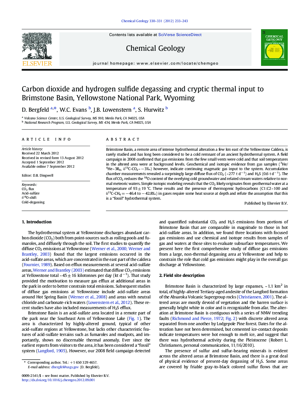 Carbon dioxide and hydrogen sulfide degassing and cryptic thermal input to Brimstone Basin, Yellowstone National Park, Wyoming