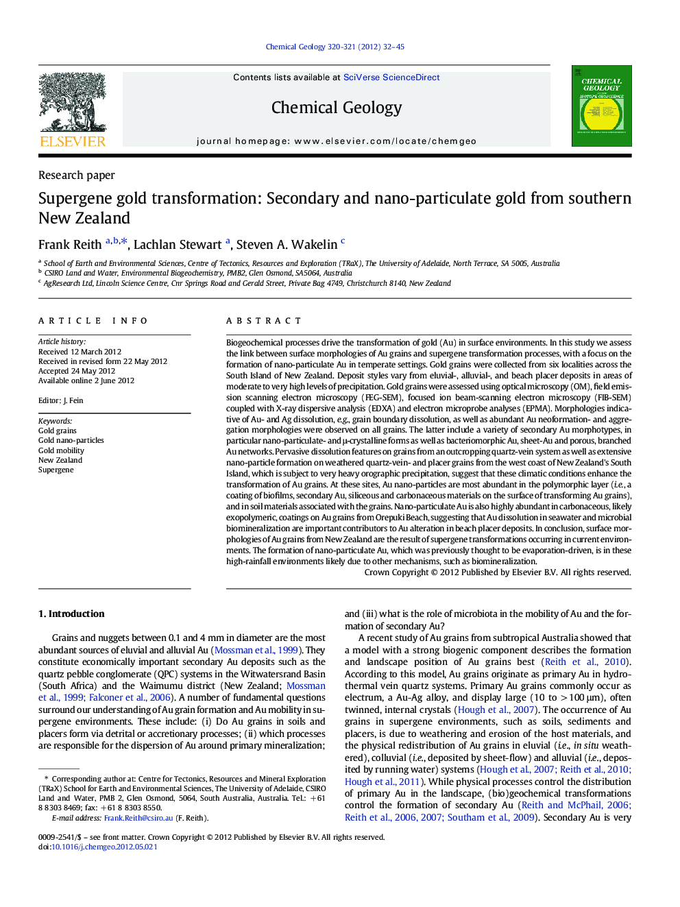 Supergene gold transformation: Secondary and nano-particulate gold from southern New Zealand