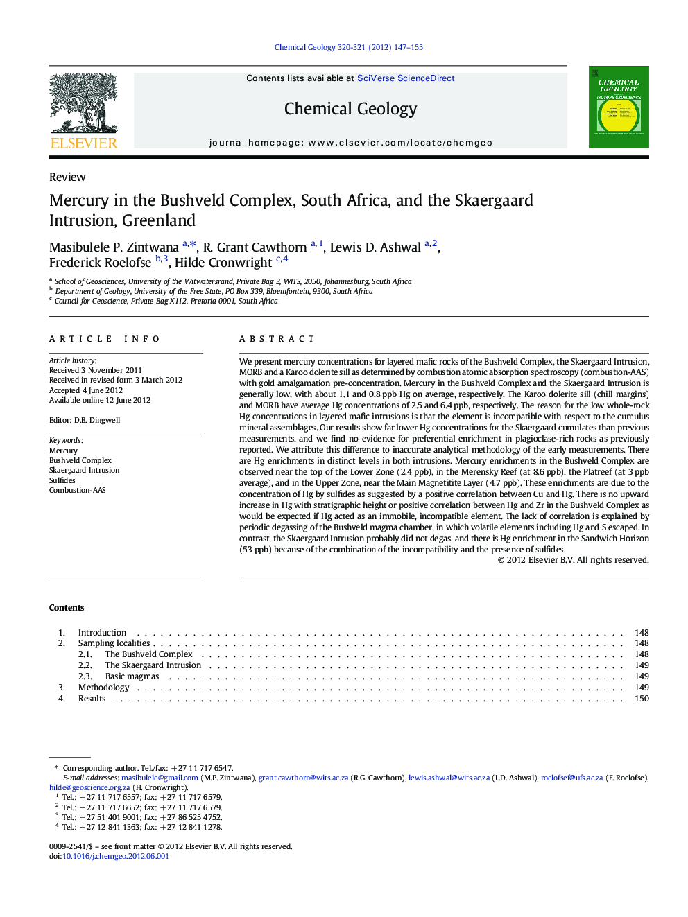 Mercury in the Bushveld Complex, South Africa, and the Skaergaard Intrusion, Greenland