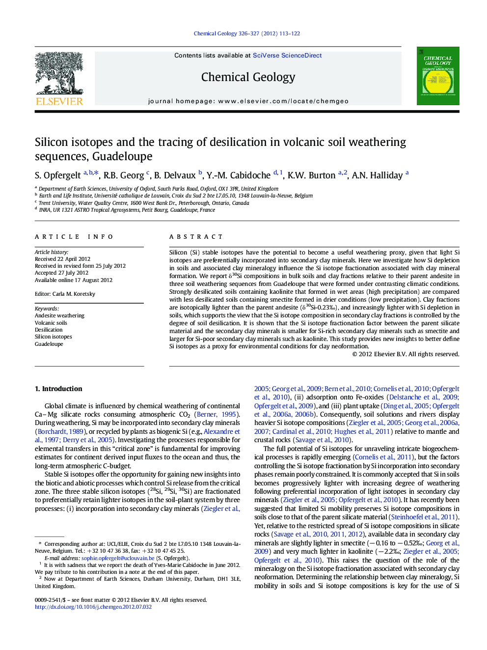 Silicon isotopes and the tracing of desilication in volcanic soil weathering sequences, Guadeloupe