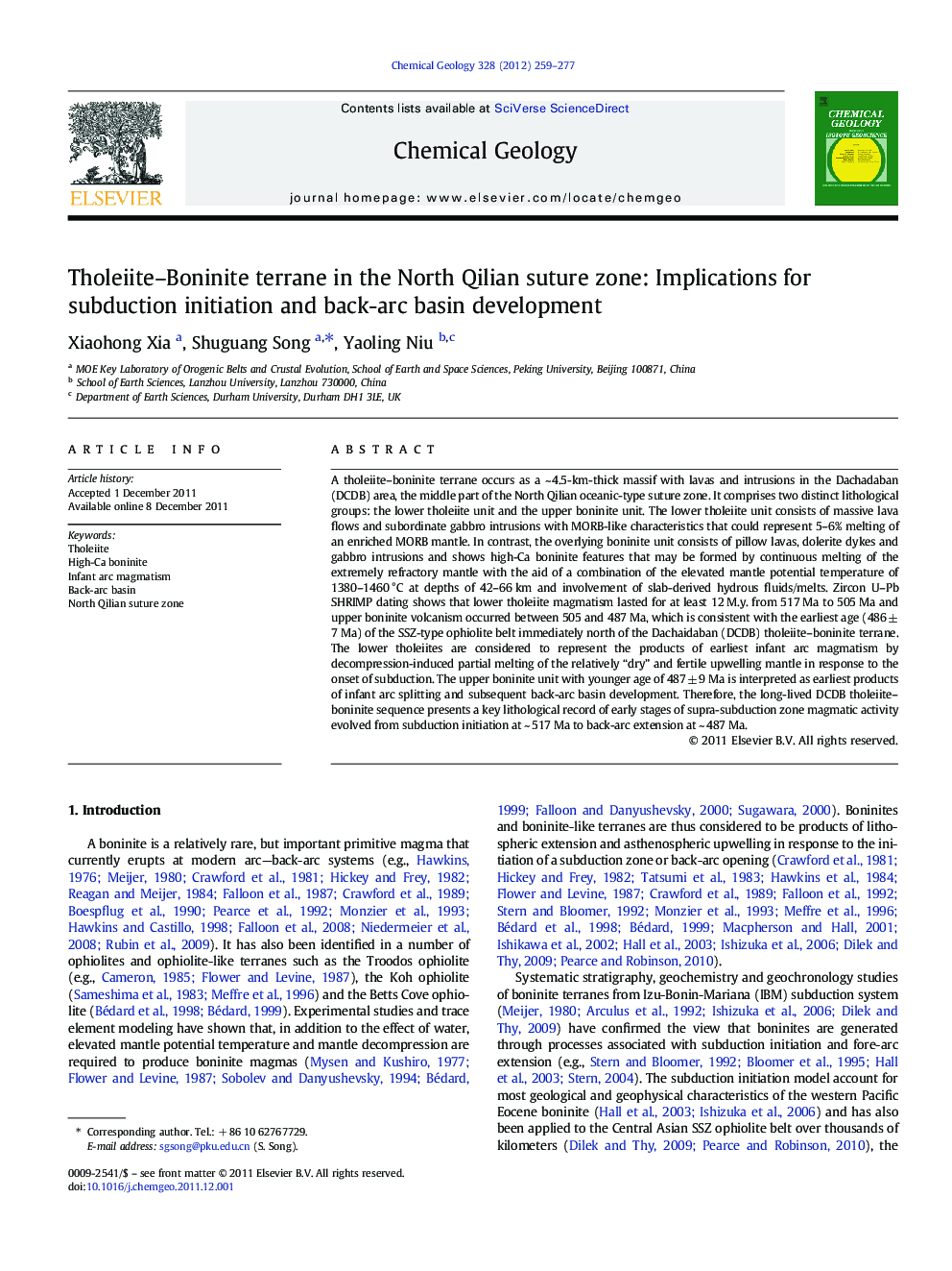 Tholeiite–Boninite terrane in the North Qilian suture zone: Implications for subduction initiation and back-arc basin development