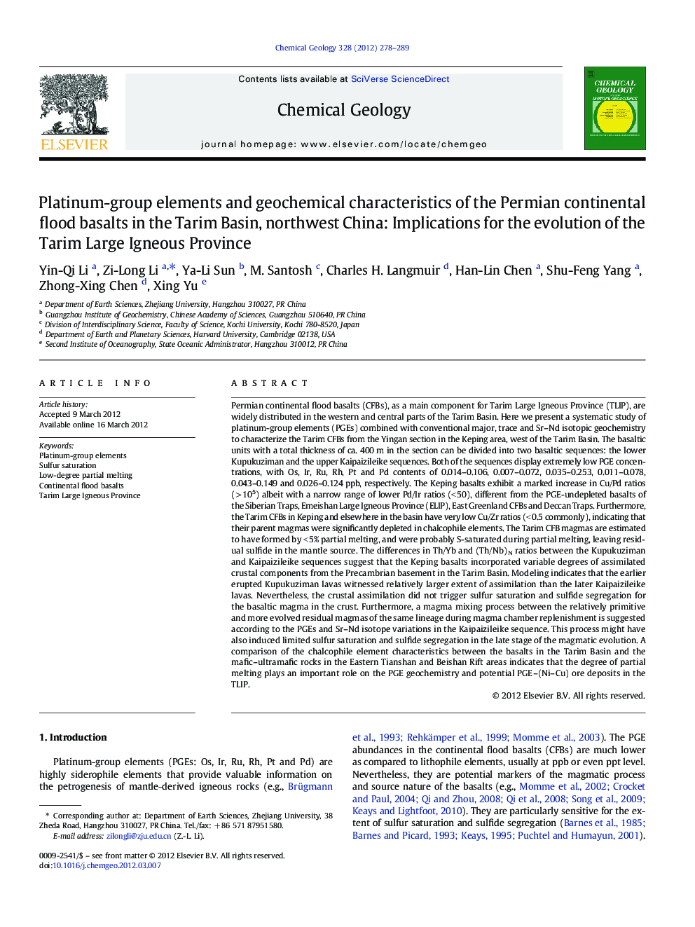 Platinum-group elements and geochemical characteristics of the Permian continental flood basalts in the Tarim Basin, northwest China: Implications for the evolution of the Tarim Large Igneous Province