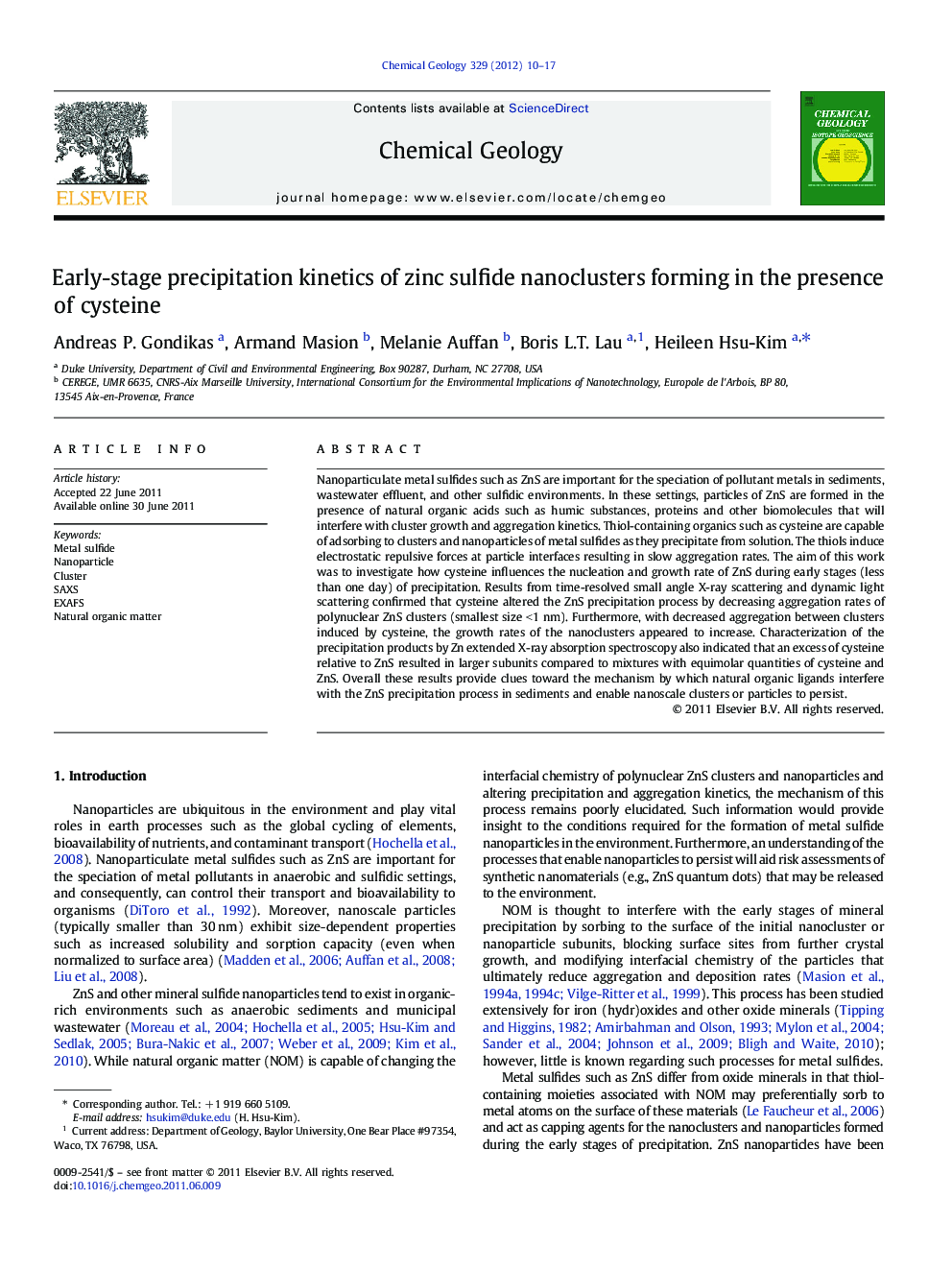 Early-stage precipitation kinetics of zinc sulfide nanoclusters forming in the presence of cysteine