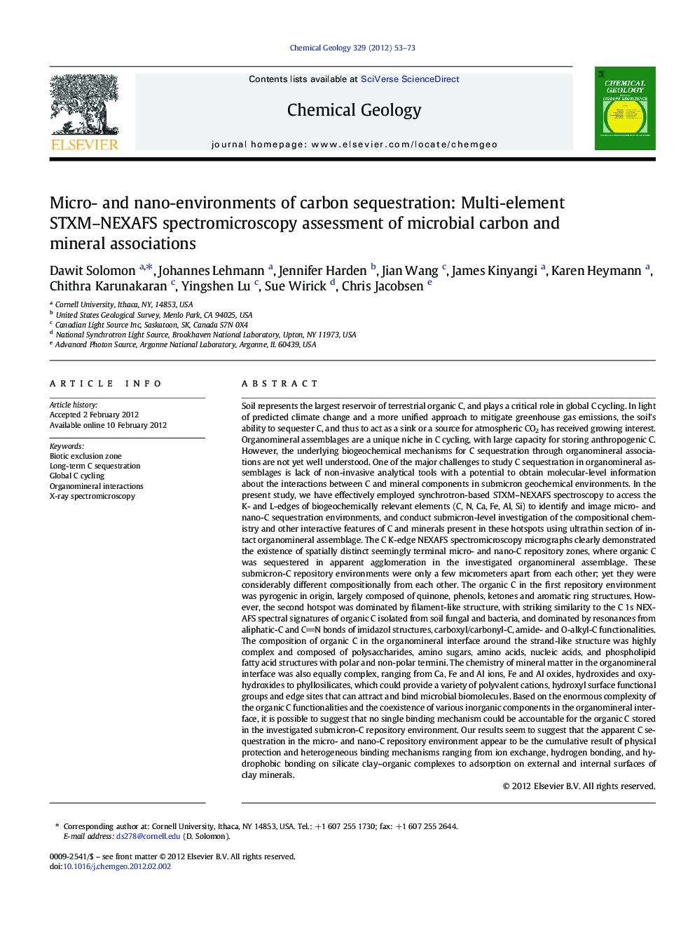 عکس صفحه اول مقاله: Micro- and nano-environments of carbon sequestration: Multi-element STXM–NEXAFS spectromicroscopy assessment of microbial carbon and mineral associations Micro- and nano-environments of carbon sequestration: Multi-element STXM–NEXAFS spectromicroscopy assessment of microbial carbon and mineral associations