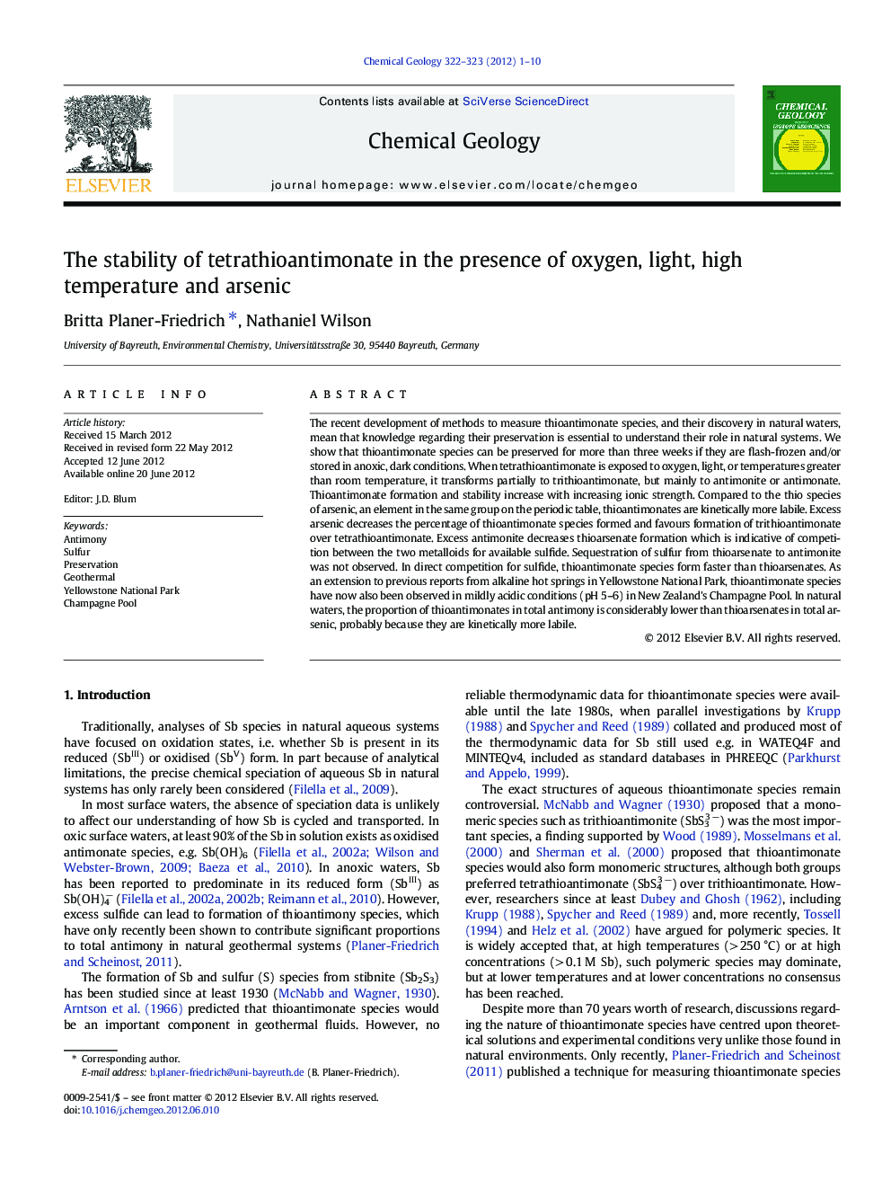 The stability of tetrathioantimonate in the presence of oxygen, light, high temperature and arsenic