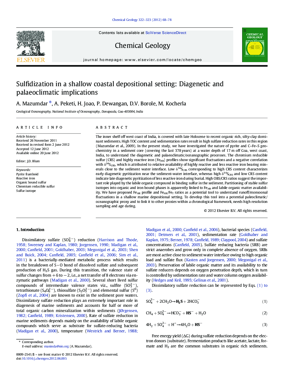 Sulfidization in a shallow coastal depositional setting: Diagenetic and palaeoclimatic implications