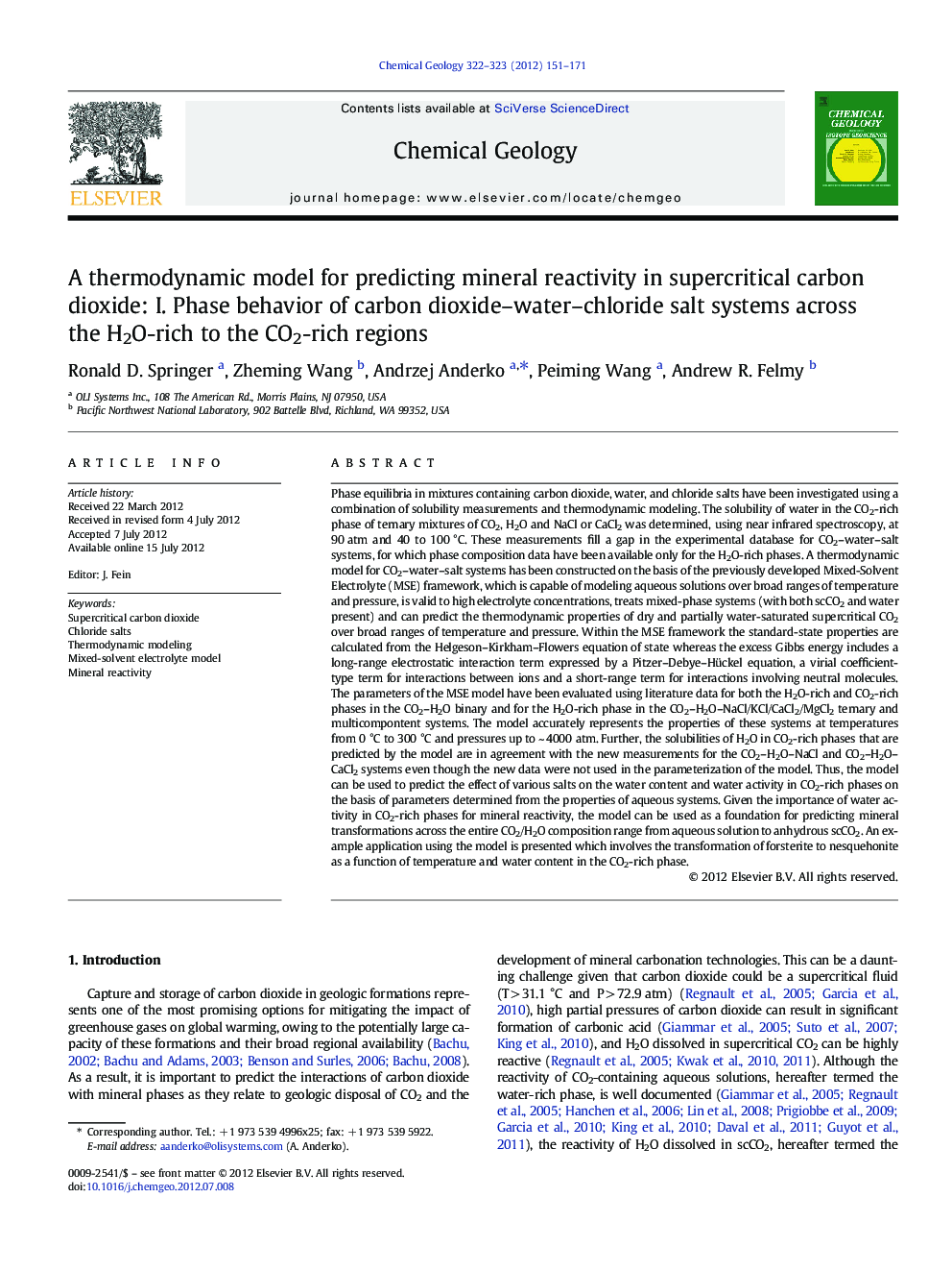 A thermodynamic model for predicting mineral reactivity in supercritical carbon dioxide: I. Phase behavior of carbon dioxide–water–chloride salt systems across the H2O-rich to the CO2-rich regions