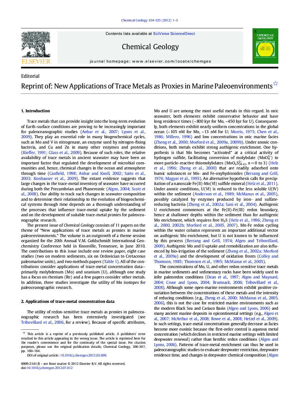 Reprint of: New Applications of Trace Metals as Proxies in Marine Paleoenvironments