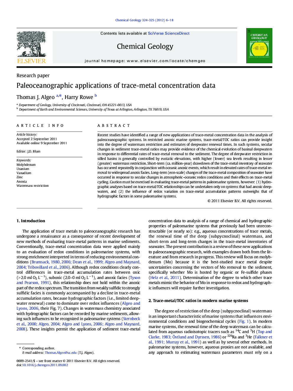 Paleoceanographic applications of trace-metal concentration data