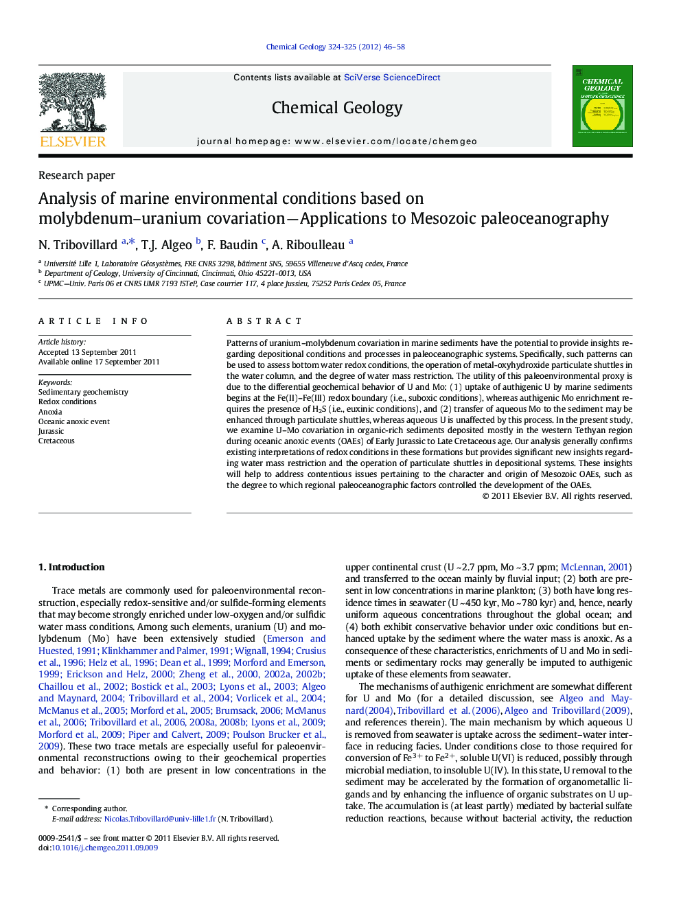 Analysis of marine environmental conditions based onmolybdenum–uranium covariation—Applications to Mesozoic paleoceanography