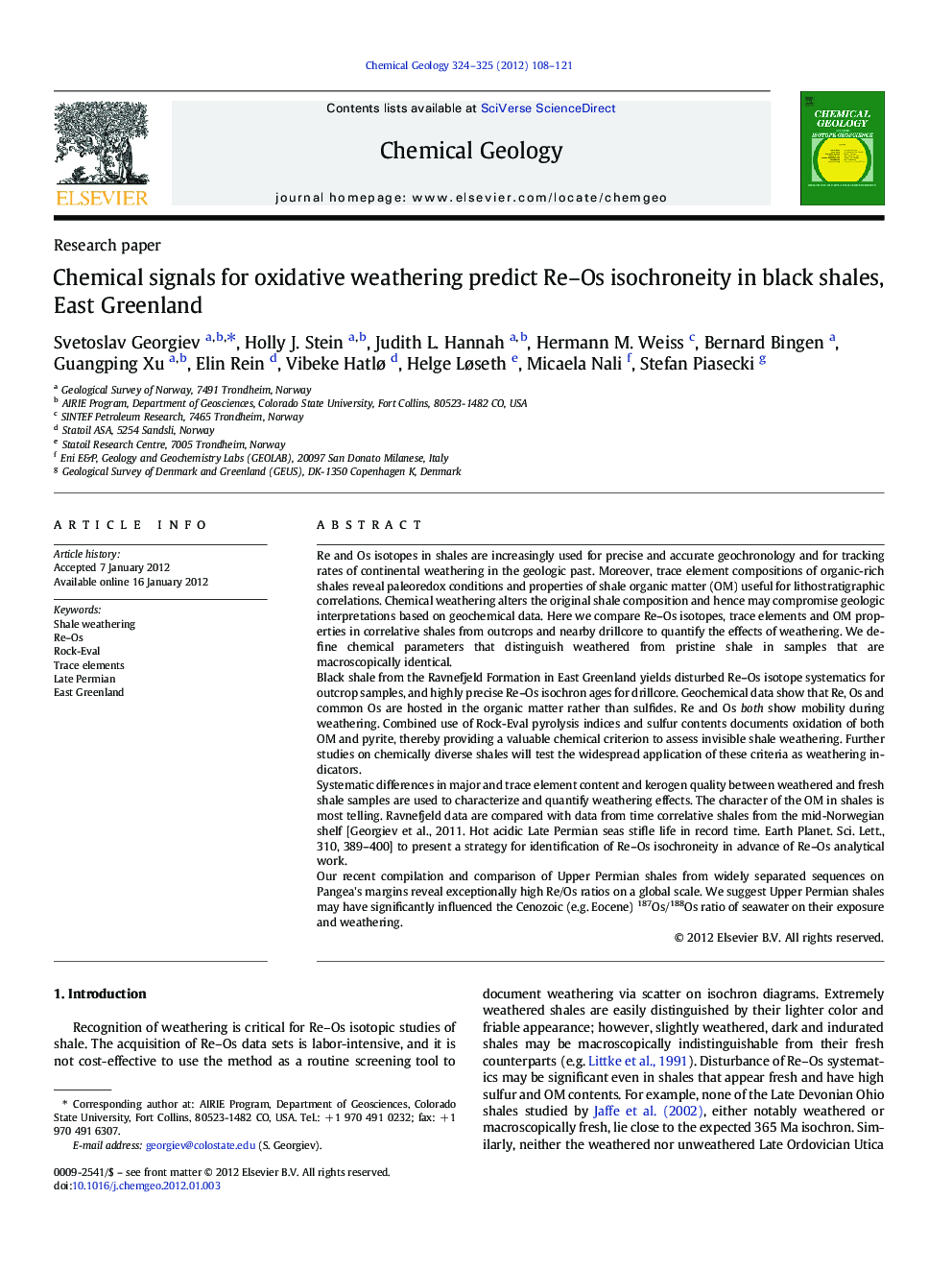 Chemical signals for oxidative weathering predict Re–Os isochroneity in black shales, East Greenland