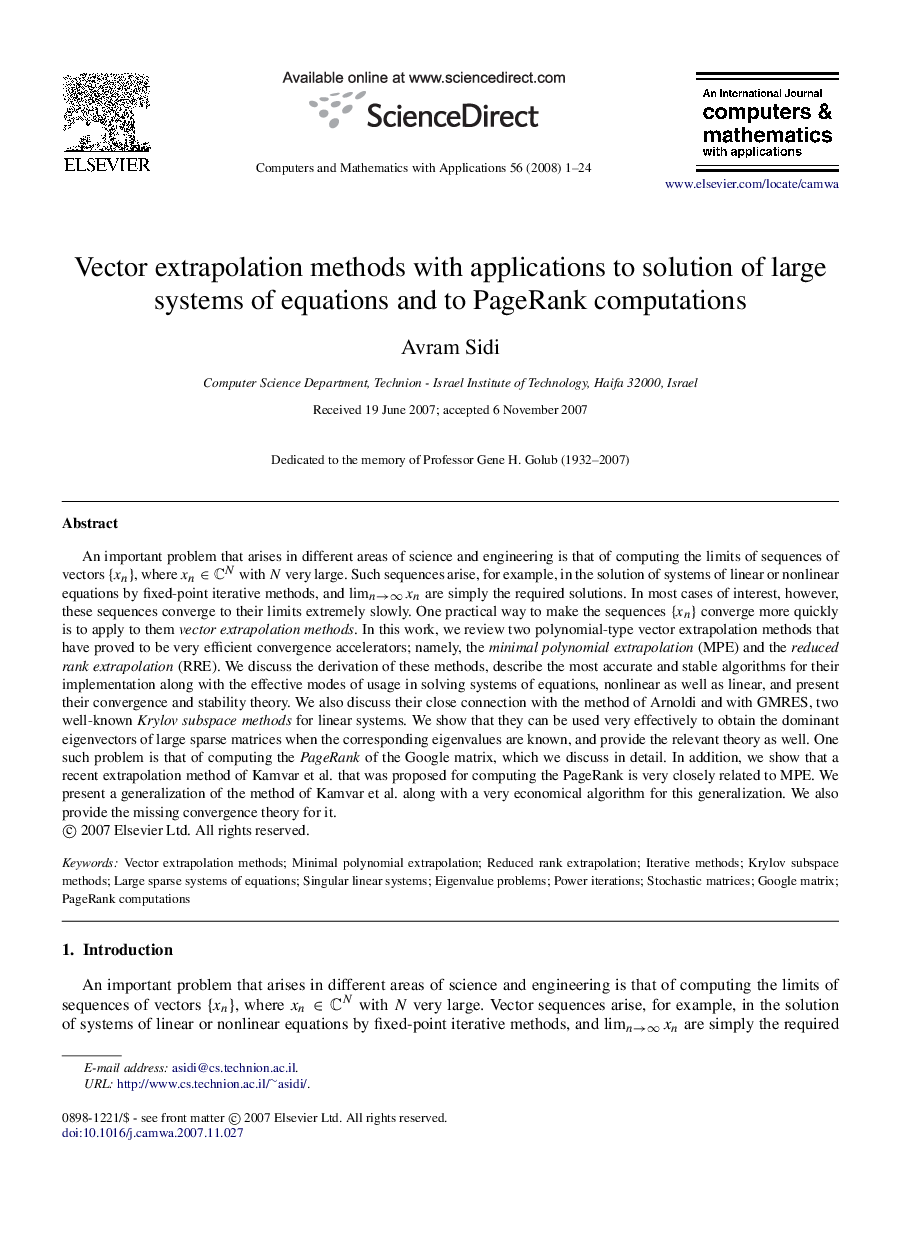 Vector extrapolation methods with applications to solution of large systems of equations and to PageRank computations