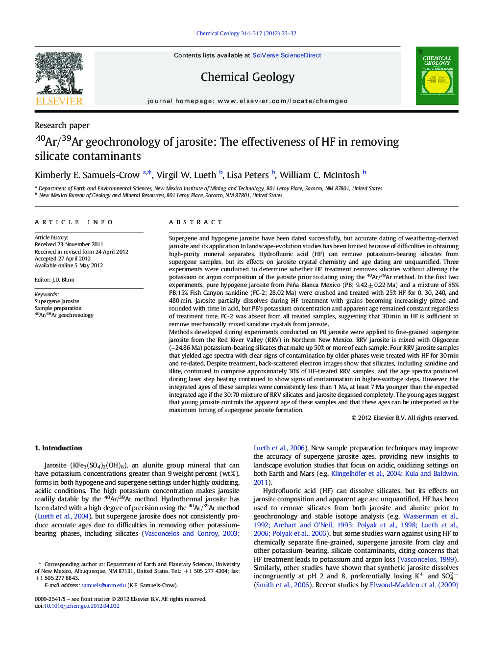 40Ar/39Ar geochronology of jarosite: The effectiveness of HF in removing silicate contaminants