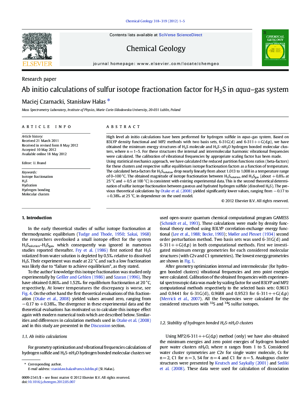 Ab initio calculations of sulfur isotope fractionation factor for H2S in aqua–gas system