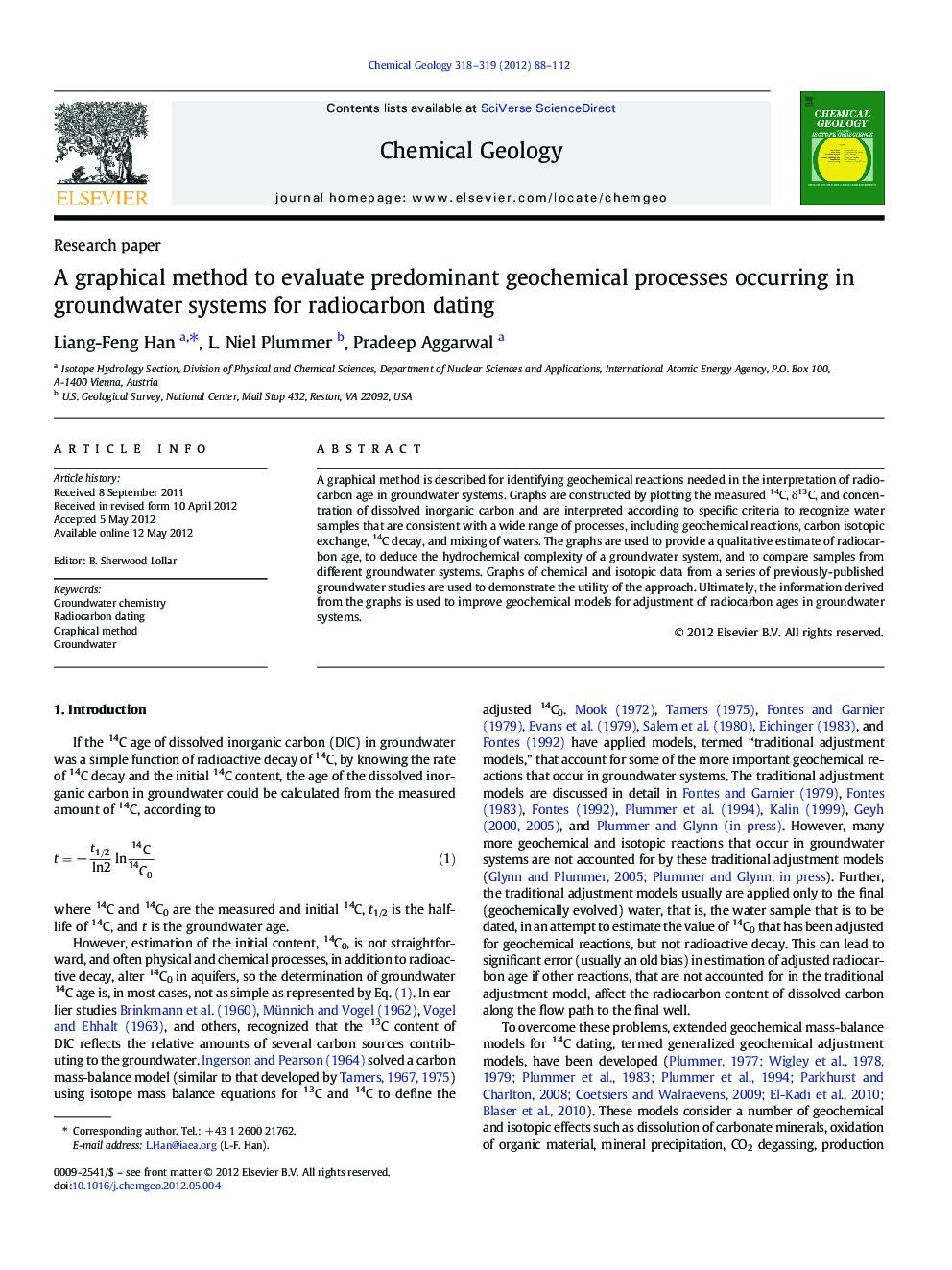 عکس صفحه اول مقاله: A graphical method to evaluate predominant geochemical processes occurring in groundwater systems for radiocarbon dating A graphical method to evaluate predominant geochemical processes occurring in groundwater systems for radiocarbon dating