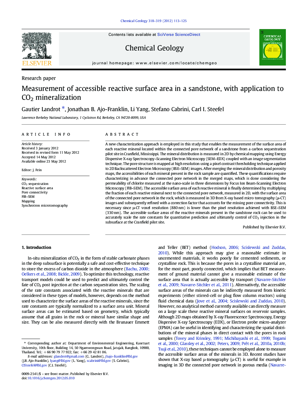 Measurement of accessible reactive surface area in a sandstone, with application to CO2 mineralization