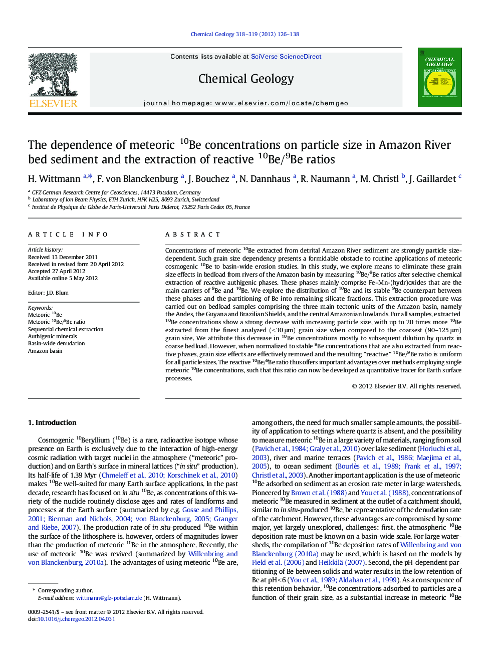 The dependence of meteoric 10Be concentrations on particle size in Amazon River bed sediment and the extraction of reactive 10Be/9Be ratios