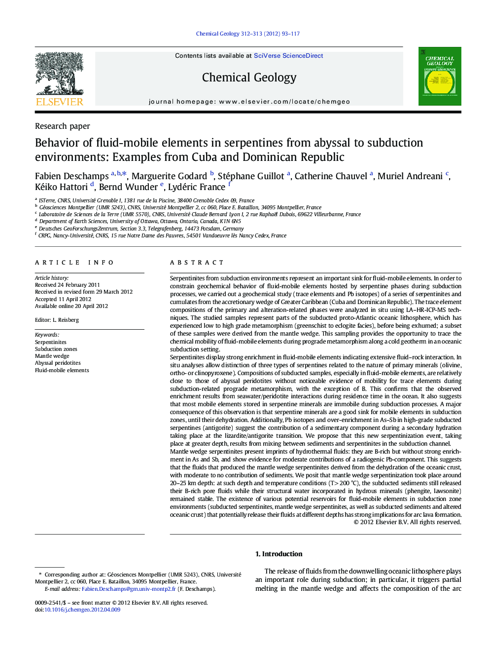 Behavior of fluid-mobile elements in serpentines from abyssal to subduction environments: Examples from Cuba and Dominican Republic