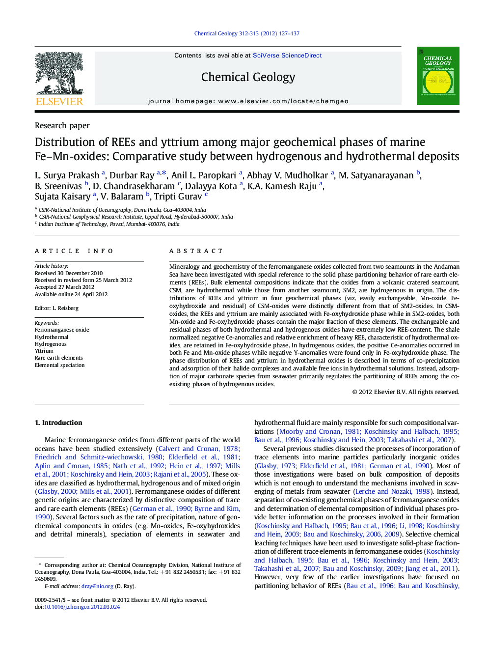 Distribution of REEs and yttrium among major geochemical phases of marine Fe–Mn-oxides: Comparative study between hydrogenous and hydrothermal deposits