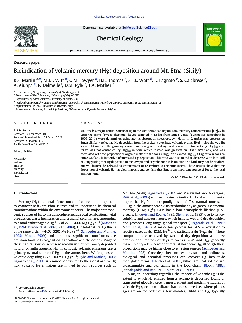 Bioindication of volcanic mercury (Hg) deposition around Mt. Etna (Sicily)