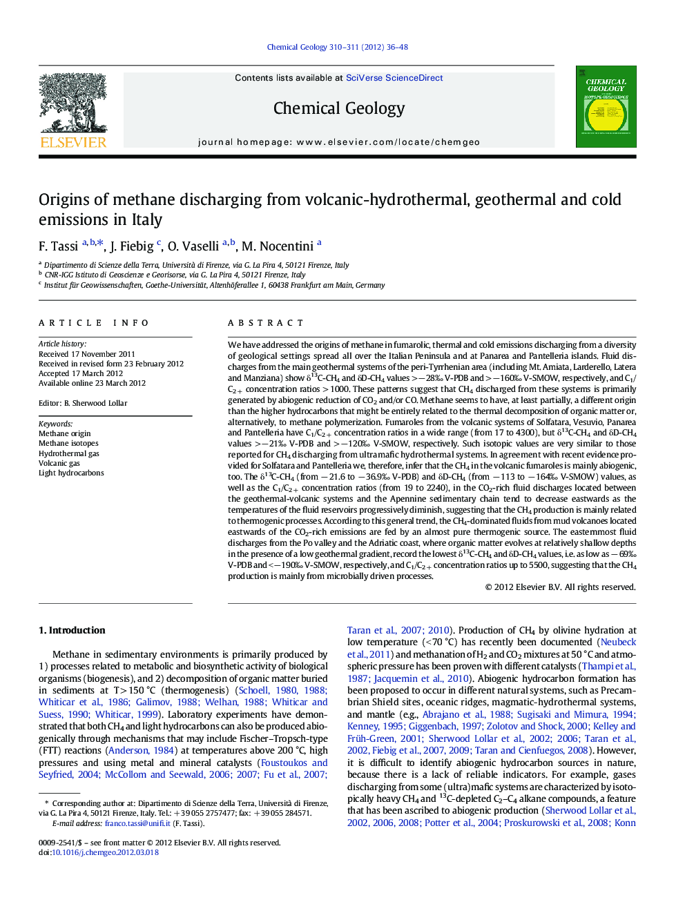 Origins of methane discharging from volcanic-hydrothermal, geothermal and cold emissions in Italy