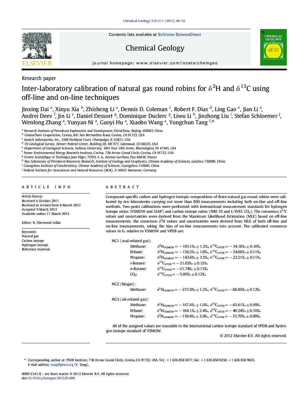 Inter-laboratory calibration of natural gas round robins for δ2H and δ13C using off-line and on-line techniques