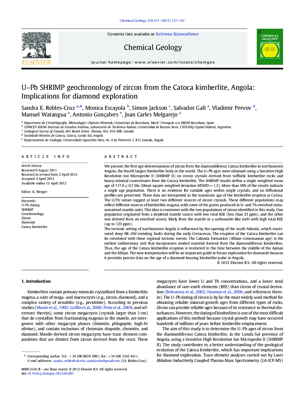 U–Pb SHRIMP geochronology of zircon from the Catoca kimberlite, Angola: Implications for diamond exploration