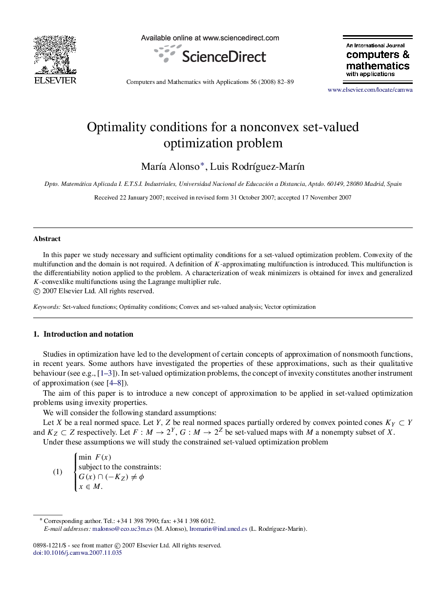 Optimality conditions for a nonconvex set-valued optimization problem