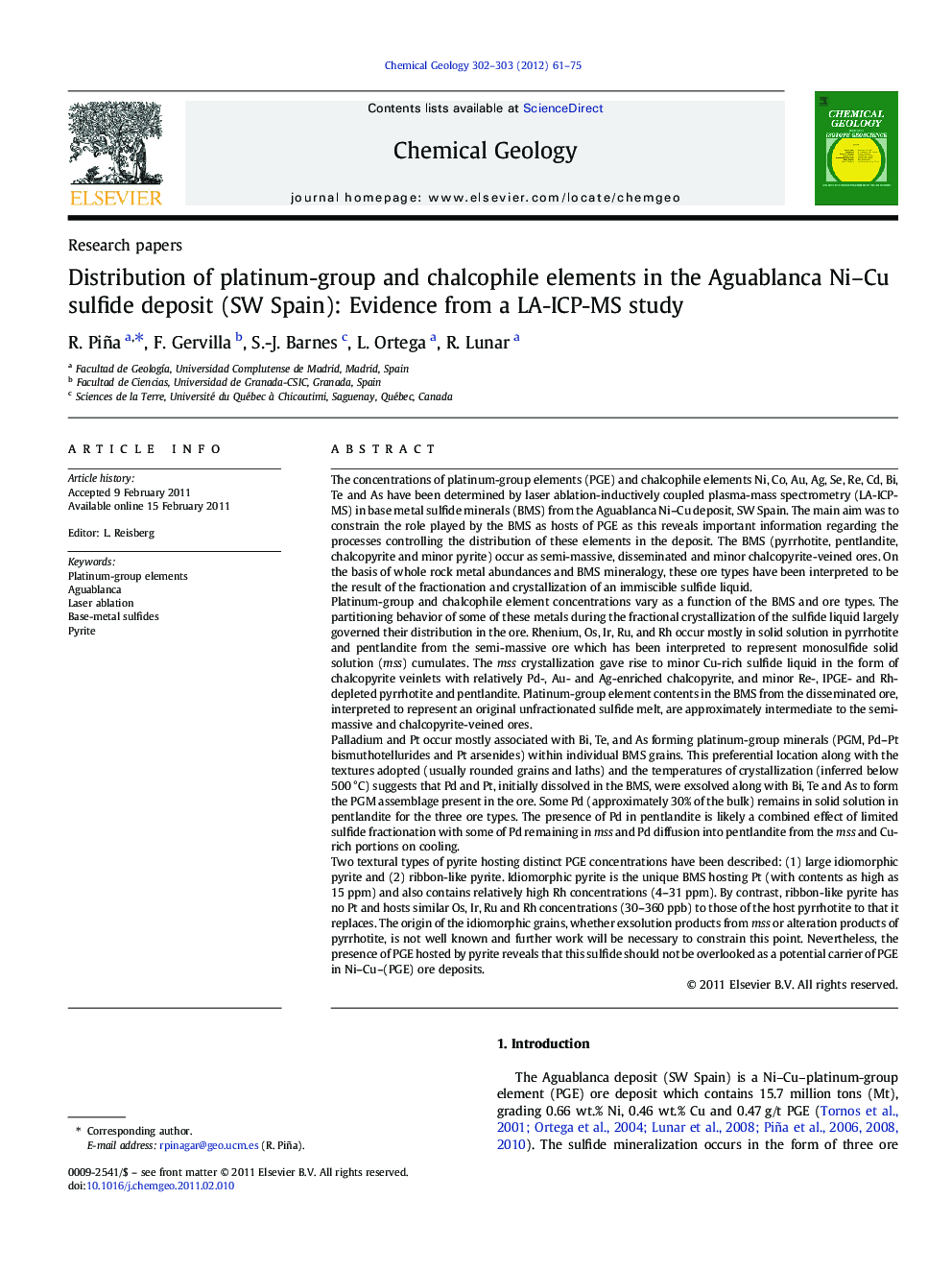 Distribution of platinum-group and chalcophile elements in the Aguablanca Ni–Cu sulfide deposit (SW Spain): Evidence from a LA-ICP-MS study