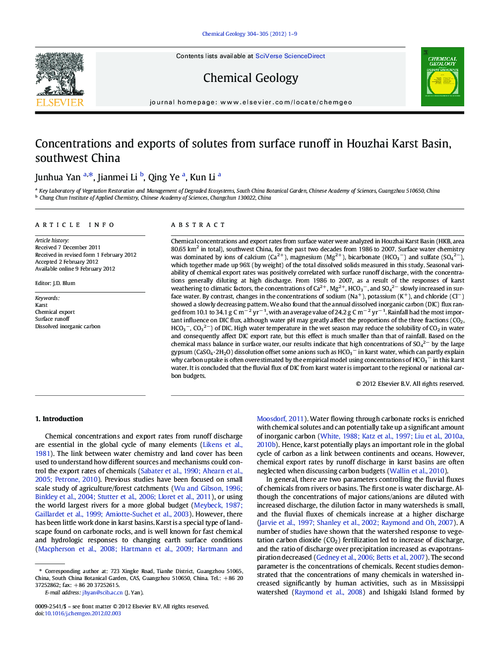 Concentrations and exports of solutes from surface runoff in Houzhai Karst Basin, southwest China