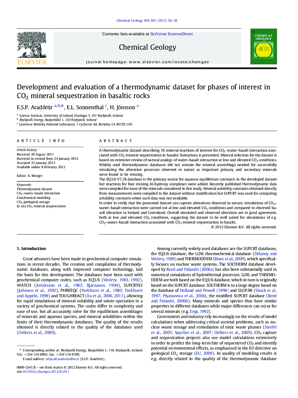 Development and evaluation of a thermodynamic dataset for phases of interest in CO2 mineral sequestration in basaltic rocks