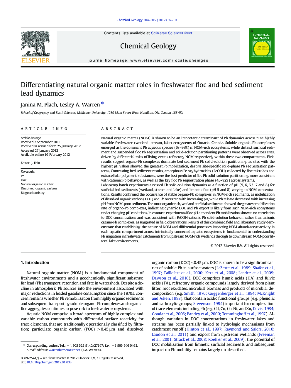 Differentiating natural organic matter roles in freshwater floc and bed sediment lead dynamics