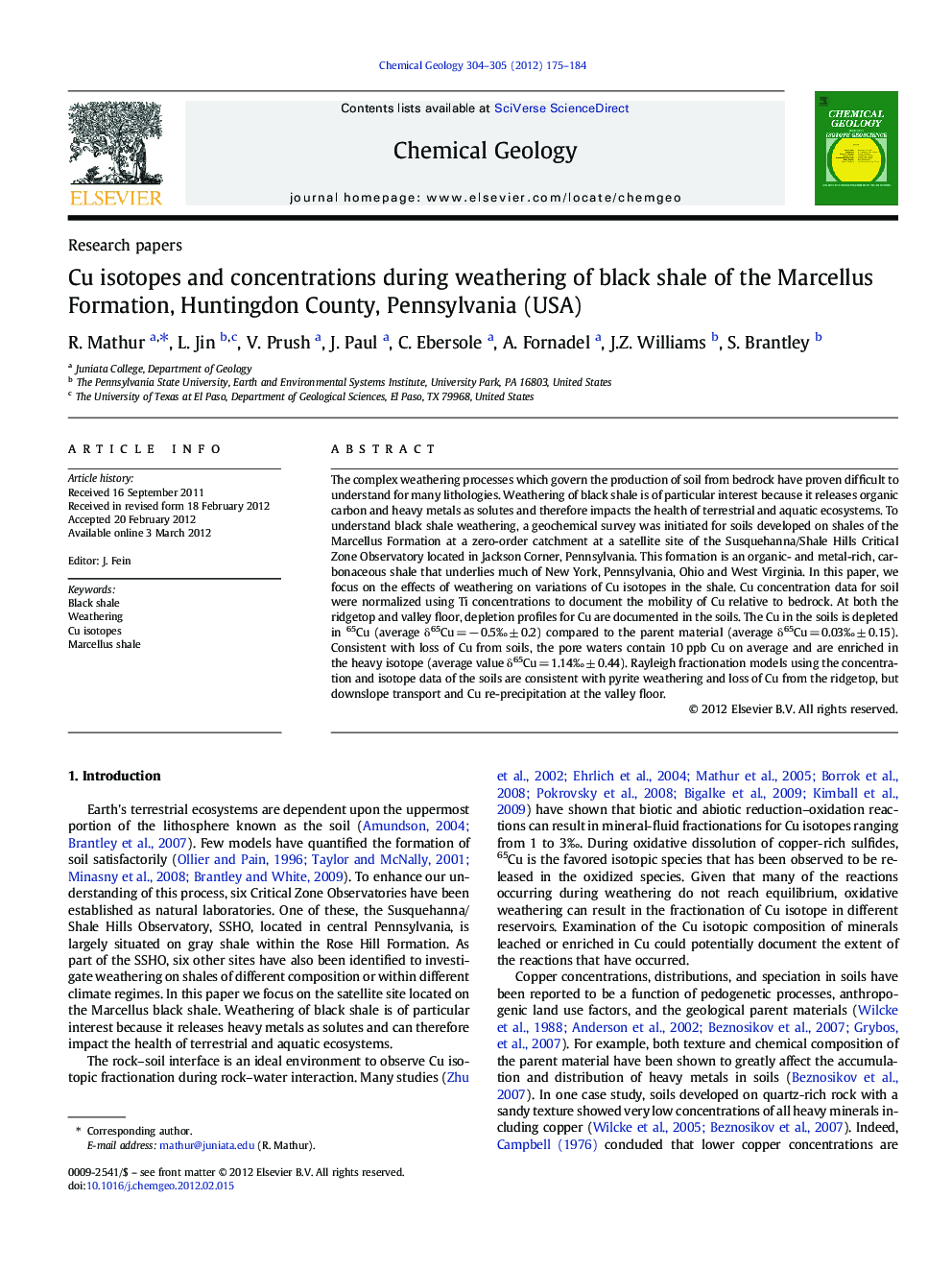 Cu isotopes and concentrations during weathering of black shale of the Marcellus Formation, Huntingdon County, Pennsylvania (USA)