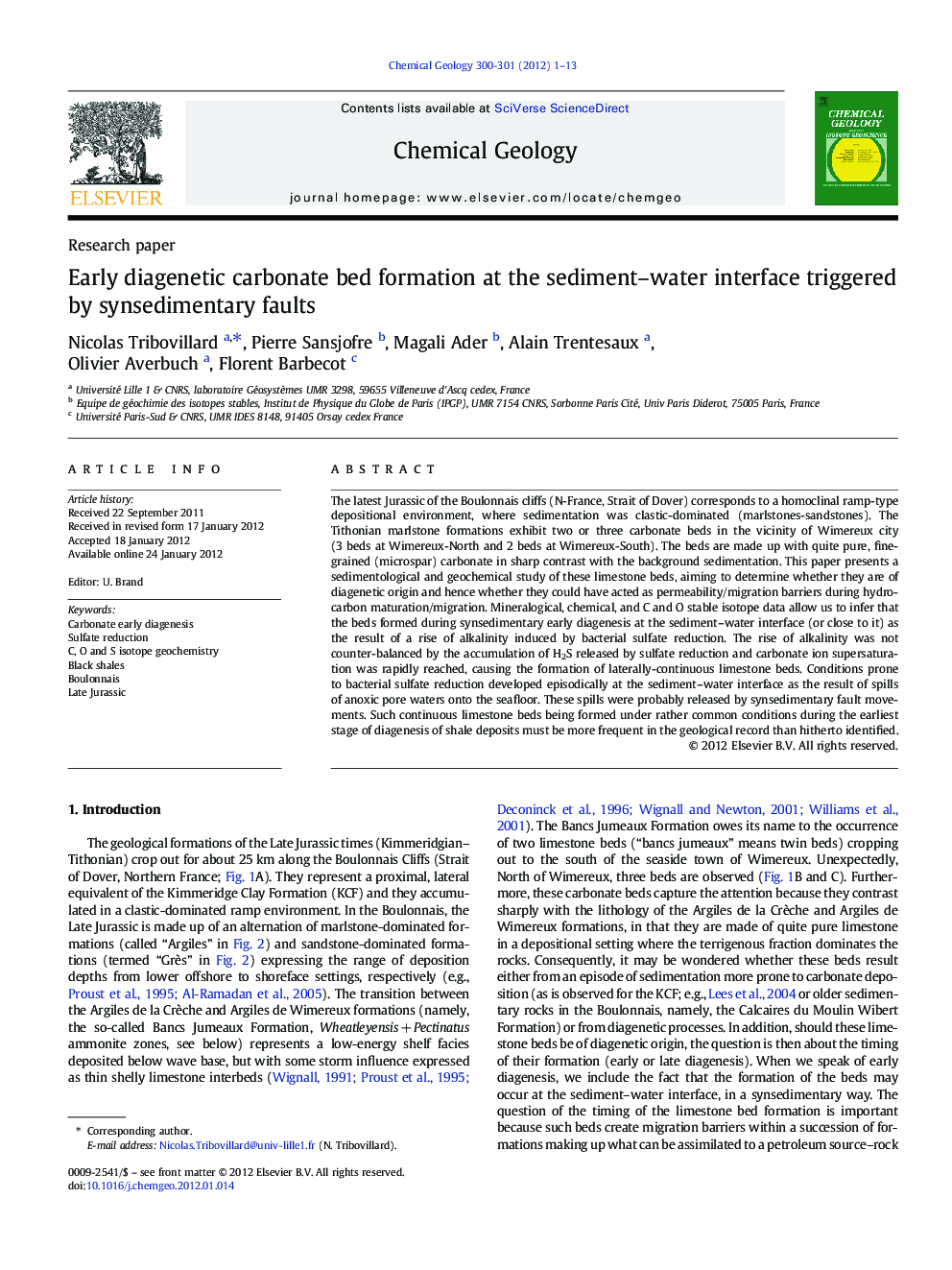 Early diagenetic carbonate bed formation at the sediment–water interface triggered by synsedimentary faults