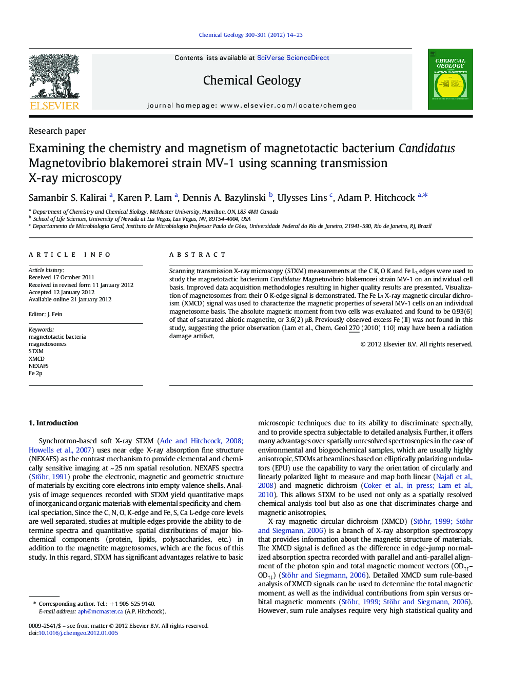 Examining the chemistry and magnetism of magnetotactic bacterium Candidatus Magnetovibrio blakemorei strain MV-1 using scanning transmission X-ray microscopy