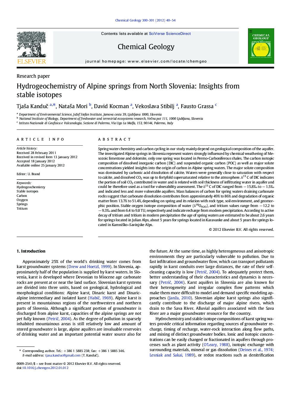 Hydrogeochemistry of Alpine springs from North Slovenia: Insights from stable isotopes