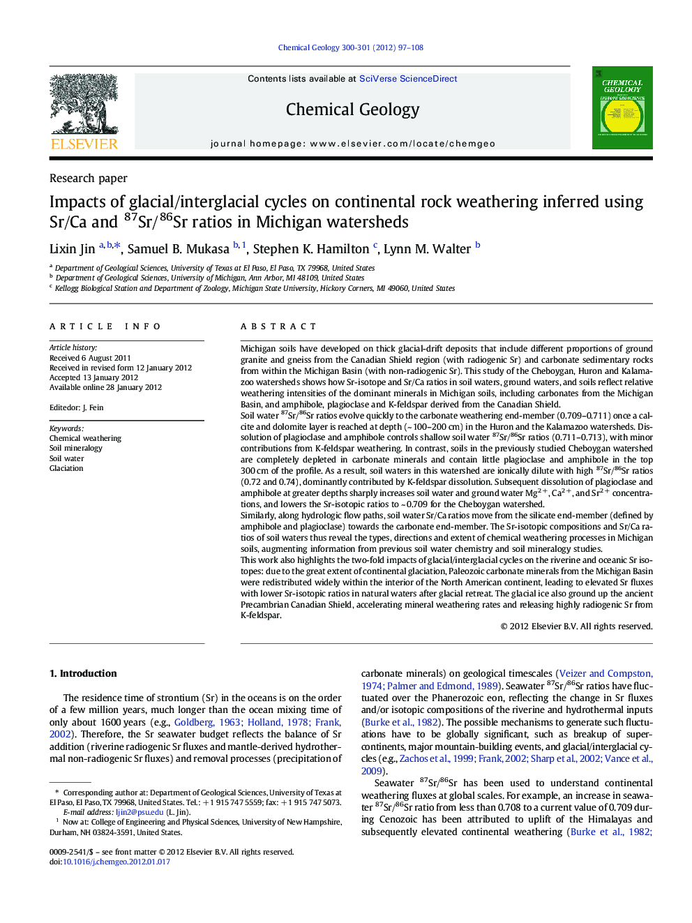 Impacts of glacial/interglacial cycles on continental rock weathering inferred using Sr/Ca and 87Sr/86Sr ratios in Michigan watersheds