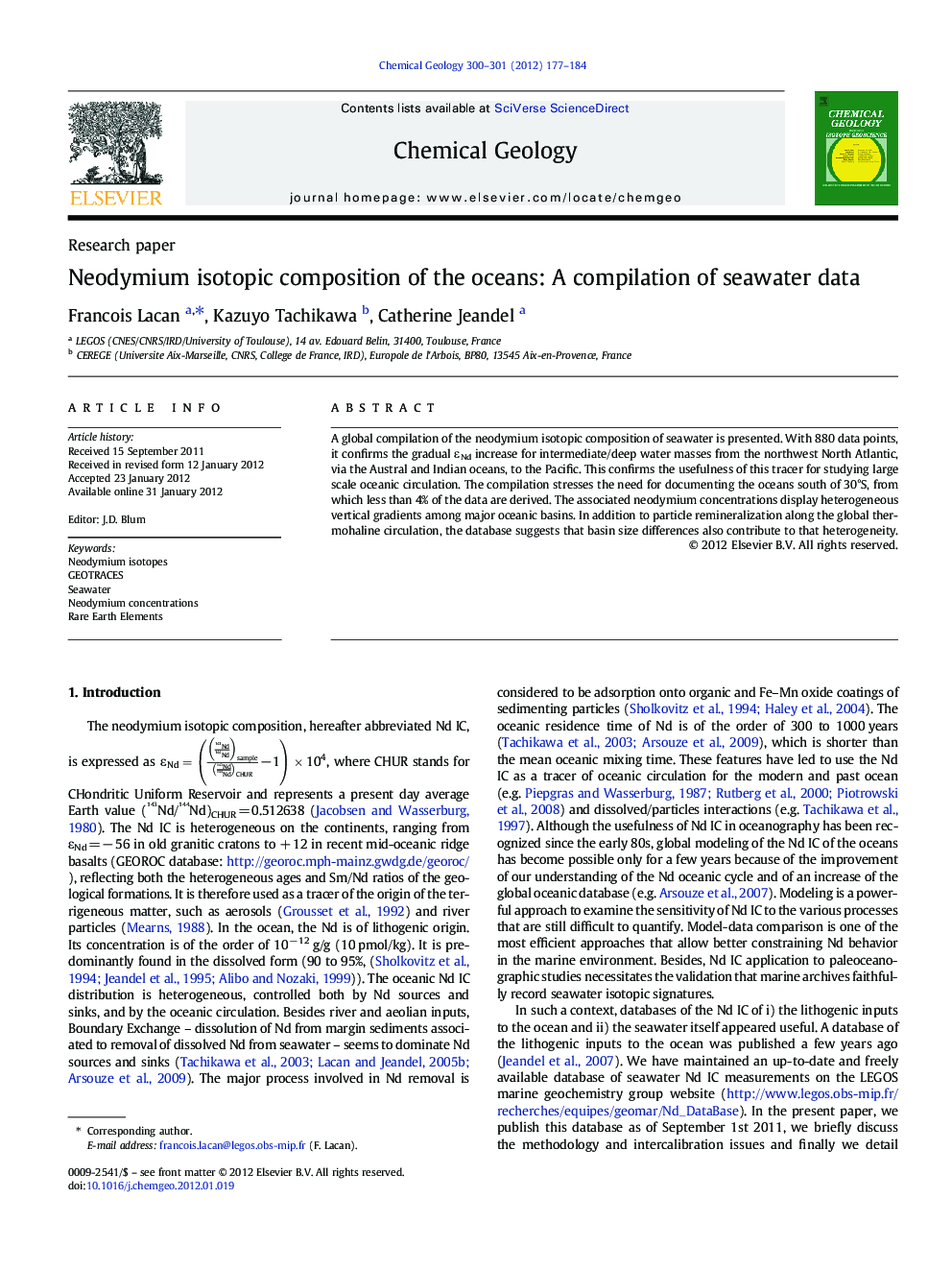 Neodymium isotopic composition of the oceans: A compilation of seawater data