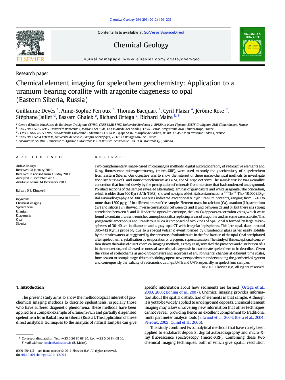 Chemical element imaging for speleothem geochemistry: Application to a uranium-bearing corallite with aragonite diagenesis to opal (Eastern Siberia, Russia)